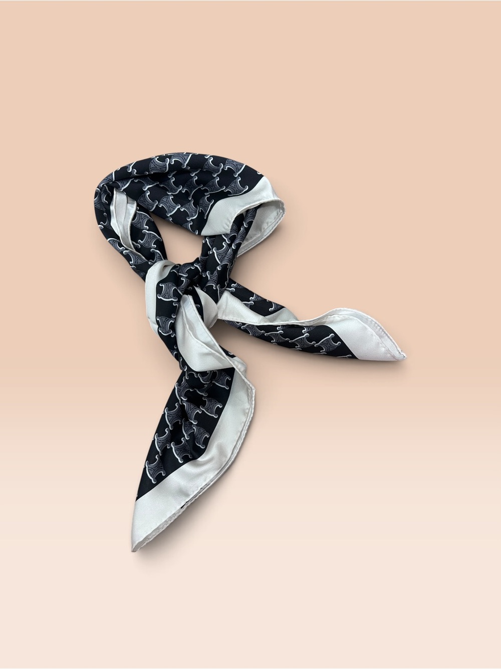 Designer Black & White Triomphe Logo Pattern Silk Scarf - Picture 3 of 4